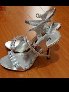 Silver Women's Strappy Heeled Sandals with Rhinestone Accent